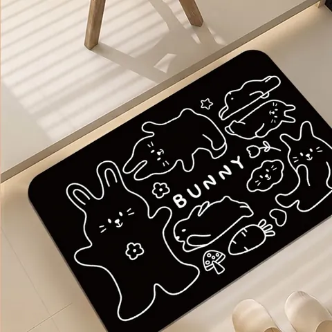 Alfombra de Baño Antideslizante Absorbente de Secado Rápido de PVC con Patrón de Gato y Conejo de Dibujos Animados Alfombra de Puerta de Entrada