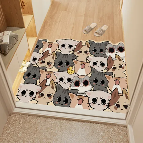 Tappetino d'Ingresso in Stile Crema Nordica con Gatto del Fumetto Impermeabile Antiscivolo in Pelle PU per Ingresso Soggiorno Lavabile
