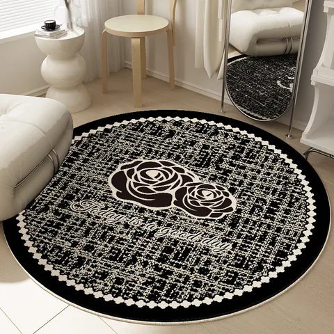 French Light Luxury Round Loop Pile Carpet Black White Tweed Pattern Camellia Flower Anti Slip Area Rug For Bedroom Vanity Decor