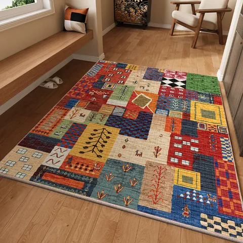 Ethnic Bohemian Geometric Patchwork Floor Mat Belgian Velvet Non-Slip TPR Backing Entryway Rug For Living Room Dust Removal Indoor Door Mat