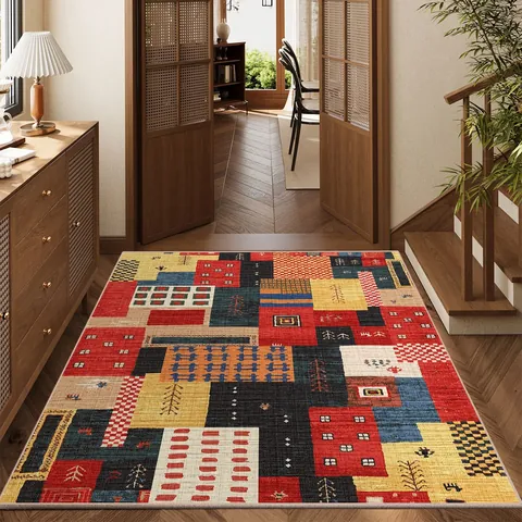 Ethnic Bohemian Geometric Patchwork Floor Mat Belgian Velvet Non-Slip TPR Backing Entryway Rug For Living Room Dust Removal Indoor Door Mat