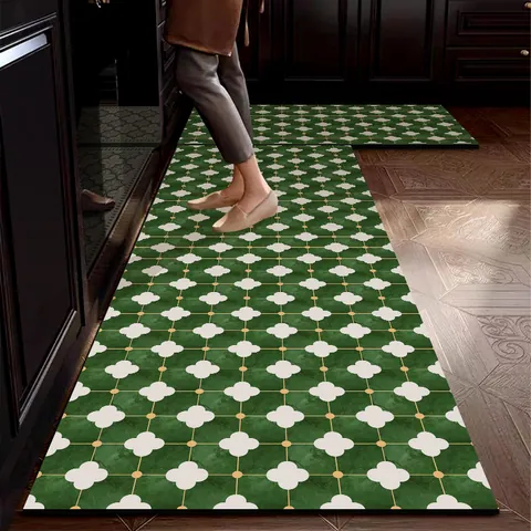 Tappetino da Cucina in Pelle PVC Retrò Lusso Impermeabile Antiscivolo Tappeto da Pavimento Facile da Pulire Stampato Geometrico Floreale
