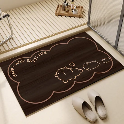 Tappetino da Bagno in Gomma Naturale Effetto Legno Antiscivolo Asciugatura Rapida Assorbente Cucina Zerbino Motivo Cartone Animato Gatto Panda Capibara Tappeto Decorativo