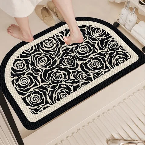 Alfombra de Baño de Tierra de Diatomeas con Estampado Floral de Estilo Francés Superabsorbente Antideslizante de Secado Rápido Alfombra de Suelo Suave para la Puerta del Baño del Hogar