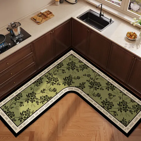 L-Shaped Corner Kitchen Mat Non-Slip Oil-Proof PVC Floor Mat Vintage Floral Diatom Mud Look Absorbent Rug For Kitchen Bathroom
