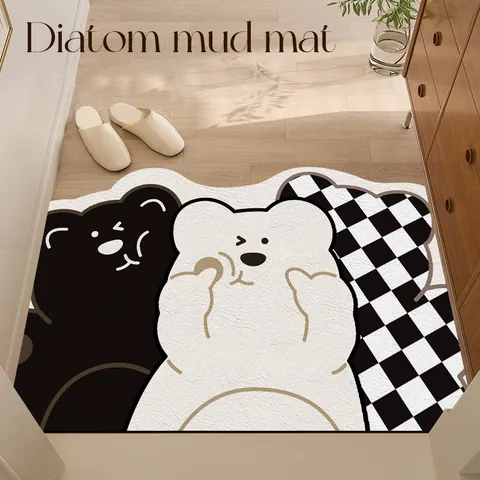 Cute Cartoon Cat Panda Pattern Entrance Door Mat Non-slip PVC Leather Waterproof Easy Clean Foyer Area Rug Decorative Floor Carpet