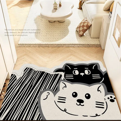 Cute Cartoon Cat Panda Pattern Entrance Door Mat Non-slip PVC Leather Waterproof Easy Clean Foyer Area Rug Decorative Floor Carpet