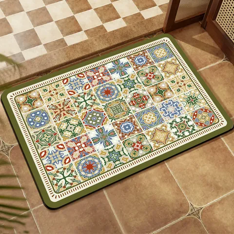 American Retro Diatom Mud Bathroom Mat Super Absorbent Quick Dry Non-Slip Floor Mat PVC Mosaic Tile Printed Shower Rug