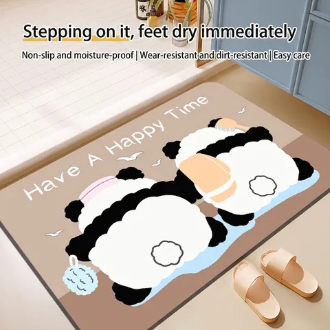 Cartoon Panda Bathroom Anti-Slip Mat Printed PVC Absorbent Quick Dry Floor Rug For Toilet Kitchen Entryway Home Decor
