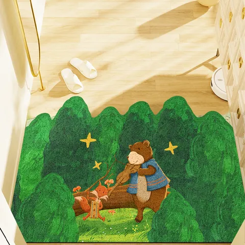 Zerbino in PVC Stampato Foresta Cartone Animato Antiscivolo Lavabile Motivo Orso Volpe Animali Foresta Tappeto Interno