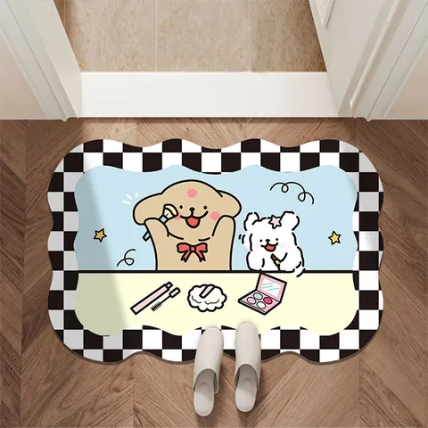 Tappetino da Bagno Cane Cartone Animato Assorbente Asciugatura Rapida Bordo Ondulato Scacchiera PVC Antiscivolo Tappetino per Porta Bagno