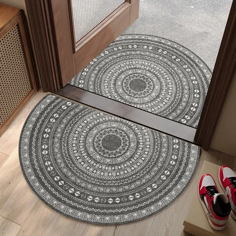 Semicircle PVC Silk Loop Entry Door Mat Non-Slip Dirt-Resistant Mandala Geometric Print Indoor Floor Mat For Home Entrance