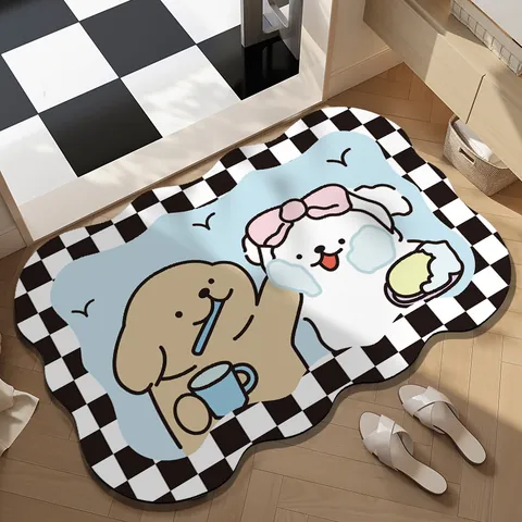 Tappetino da Bagno Cane Cartone Animato Assorbente Asciugatura Rapida Bordo Ondulato Scacchiera PVC Antiscivolo Tappetino per Porta Bagno