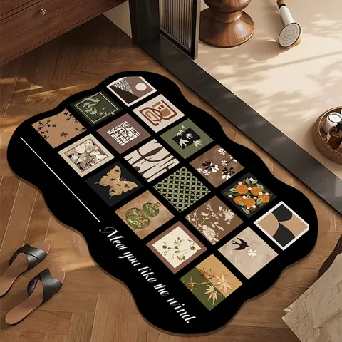Mid Century Modern Absorbent PVC Bath Mat Vintage Geometric Pattern Non-Slip Bathroom Floor Rug Washroom Door Foot Mat