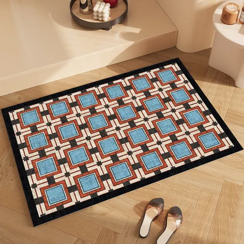 Tapis de Bain Moelleux en Boue de Diatomées Style Mid-Century Modern Imprimé Géométrique Rétro Absorbant Antidérapant en PVC