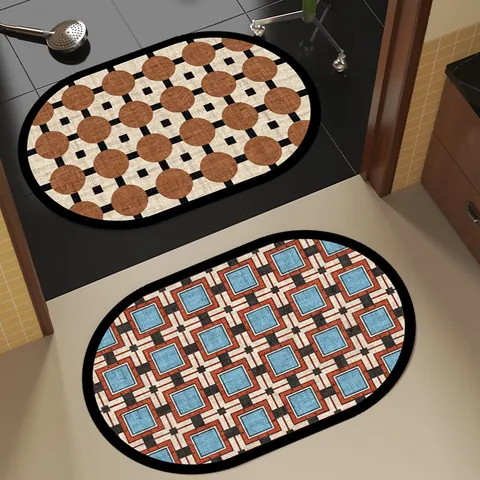 Tapis de Bain Moelleux en Boue de Diatomées Style Mid-Century Modern Imprimé Géométrique Rétro Absorbant Antidérapant en PVC
