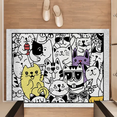 Cartoon Animal Entrance Mat Cute Dog Cat Printed PVC Wire Ring Door Mat Non-Slip Dirt Trapping Entryway Floor Mat Home Decor Rug