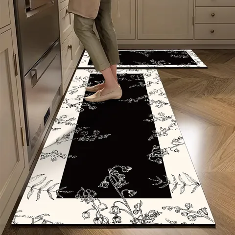 Tapis de Cuisine Rétro Français en Cuir PVC Antidérapant Résistant à l'Huile Absorbant Tapis Imprimé Botanique Muguet