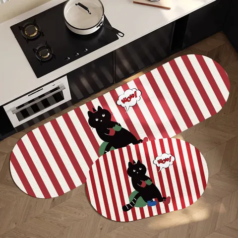 Anti-Slip Kitchen Mat PVC Leather Oil-Proof Waterproof Floor Rug Cartoon Cat Striped Pattern Easy Clean Home Entrance Rug