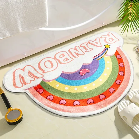 Ins Style Semicircle Faux Cashmere Bathroom Floor Mat Absorbent Non-Slip Washable Rainbow Letter Print Area Rug For Toilet Bedroom Bath Decor