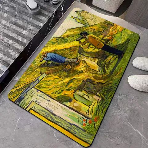 Vintage Oil Painting Style Bathroom Mat Absorbent Diatom Ooze Floor Mat Non-Slip Quick Dry Natural Rubber Bath Rug Home Entryway