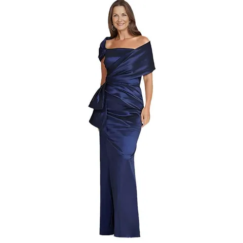 Elegante Vestido de Noche de Sirena Hombros Descubiertos Poliéster Satén Vestido Formal Con Lazo para Boda Banquete Fiesta Mujer
