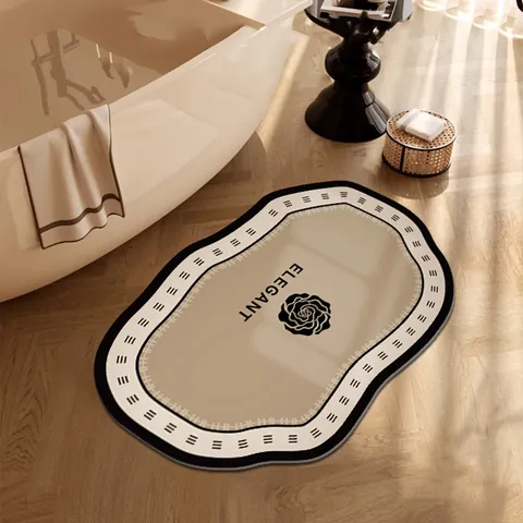 Luxury Chanel Style Absorbent Non-Slip Bathroom Mat French Retro Camellia Rose Printed PVC Diatom Mud Floor Rug For Shower Doorway Home Decor