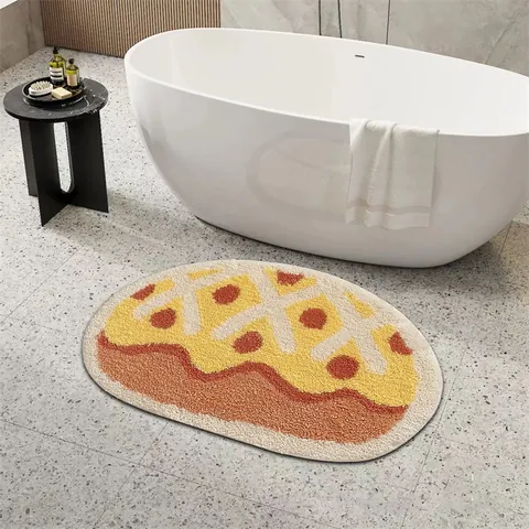 Cute Food Shaped Flocked Bathroom Floor Mat Absorbent Non-Slip Thickened Croissant Sandwich Sushi Design Polyester Bath Rug