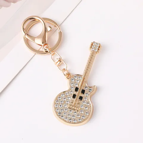 Creative Metal Rhinestone Guitar Model Keychain For Women Men Car Key Ring Bag Pendant Ornament Instrument Musical Gift