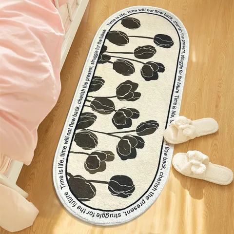 Modern Minimalist Oval Bedside Rug Polyester Fiber Printed Tulip Flower Floor Mat Non-Slip Soft Carpet For Bedroom Living Room Decor