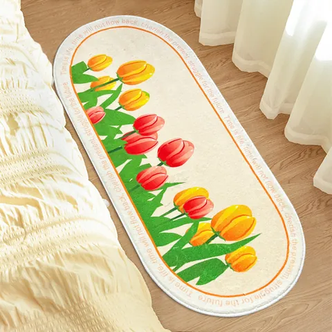 Modern Minimalist Oval Bedside Rug Polyester Fiber Printed Tulip Flower Floor Mat Non-Slip Soft Carpet For Bedroom Living Room Decor