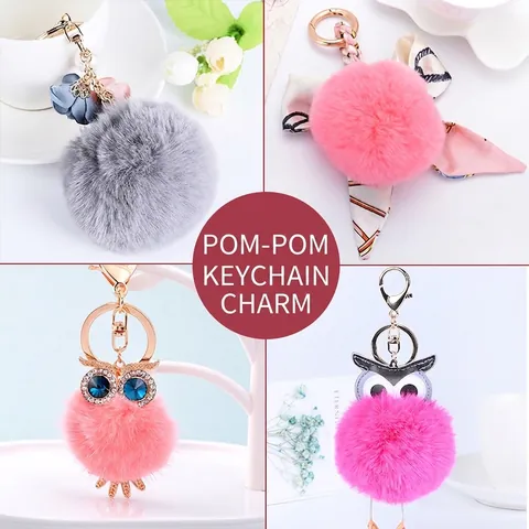 Llavero de Pompón de Pelo Sintético con Flor de Tela y Perla Artificial para Mujer Colgante para Bolso Llavero de Coche