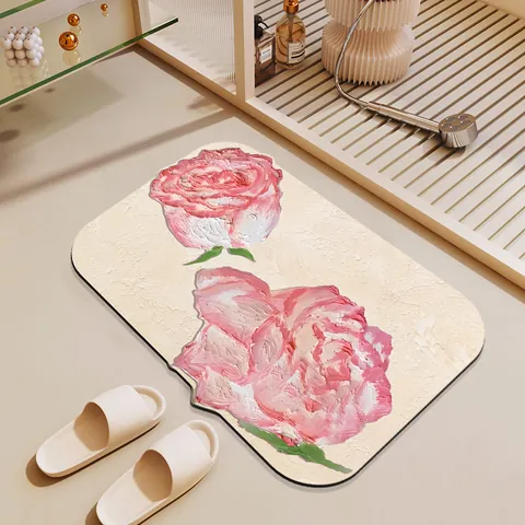 Kieselgur Saugfähig Schnelltrocknend Badematte Ölgemälde Blume Unregelmäßige Rutschfest Badezimmer Teppich Für Eingang Haus Dekor