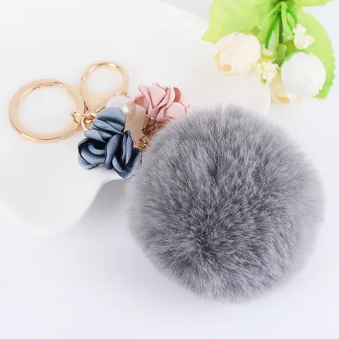 Llavero de Pompón de Pelo Sintético con Flor de Tela y Perla Artificial para Mujer Colgante para Bolso Llavero de Coche