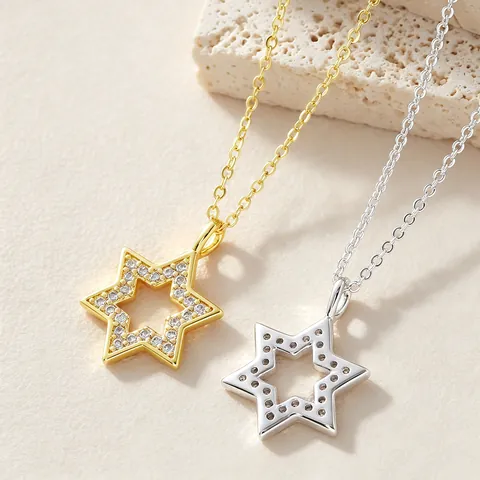Trendy Copper Rhinestone Hexagram Pendant Necklace Gold Silver Plated Geometric Clavicle Chain For Unisex Daily Decoration Jewelry