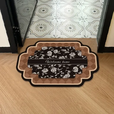 Vintage Style Bathroom Absorbent Leather Floor Mat Anti-Slip Quick Dry Kitchen Entrance Rug Retro Floral Checkerboard Printed Mat