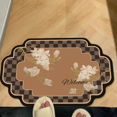 Vintage Style Bathroom Absorbent Leather Floor Mat Anti-Slip Quick Dry Kitchen Entrance Rug Retro Floral Checkerboard Printed Mat