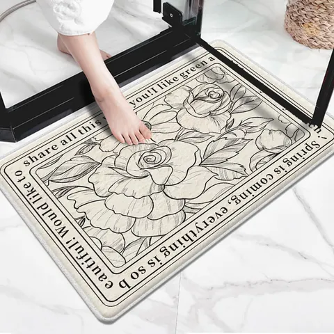 Modern Minimalist Polyester Fleece Bathroom Floor Mat Non-Slip Absorbent Entrance Rug Washable Floral Botanical Design Door Mat