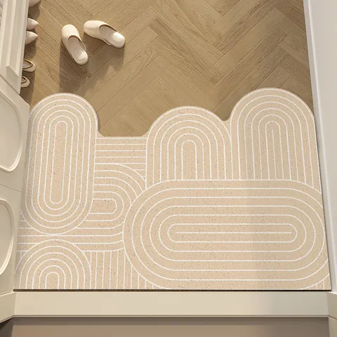 Χαλάκι Εισόδου Στυλ Κρέμας PVC Silk Ring Ανθεκτικό στη Βρωμιά Χωρίς Πλύσιμο Κυματιστή Άκρη Γεωμετρική Γραμμή για Είσοδο Διακόσμηση Σπιτιού