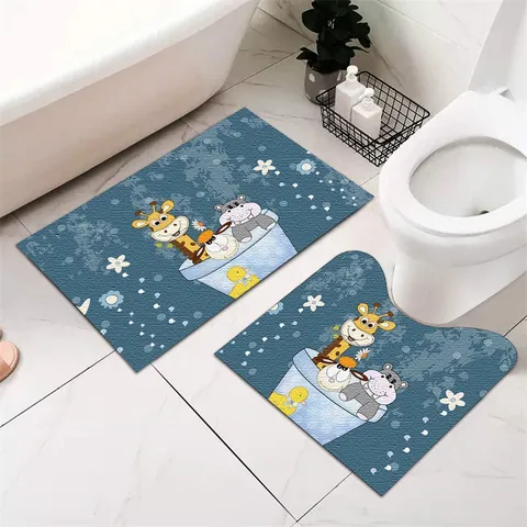 Nordic Style Absorbent Non-slip U-shaped Bath Mat Set Polyester Fiber Cartoon Animal Printed Bathroom Floor Rug For Home