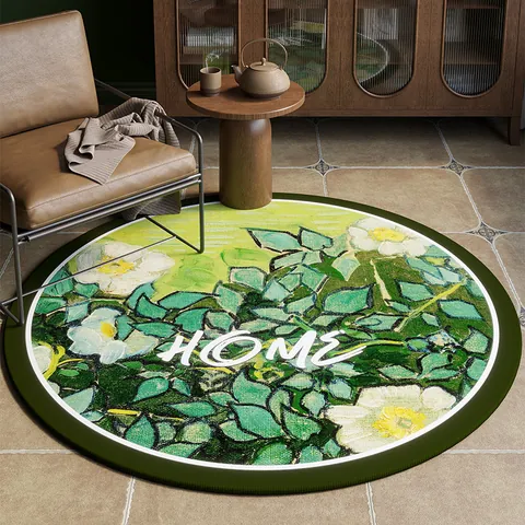American Retro Round Area Rug For Bedroom Living Room Oil Painting Artistic Flower Non-Slip Floor Mat Polyester Botanical Carpet Home Decoration