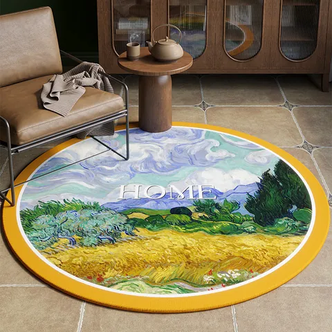 American Retro Round Area Rug For Bedroom Living Room Oil Painting Artistic Flower Non-Slip Floor Mat Polyester Botanical Carpet Home Decoration