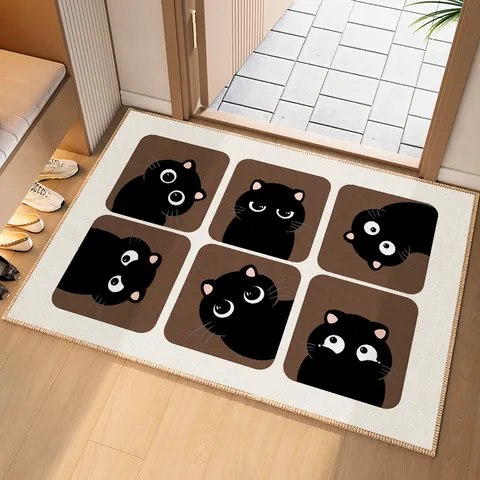 Belgian Velvet Entry Door Mat Cream Style Non-Slip Indoor Floor Rug Cartoon Cat Panda Printed Hallway Entrance Decorative Carpet