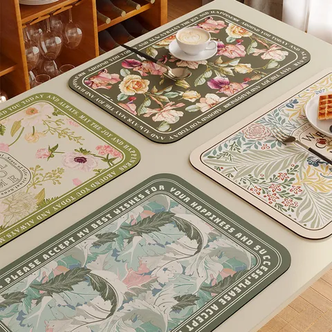 American Retro PVC Leather Placemat Waterproof Oilproof Heat Resistant Vintage Floral Botanical Printed Decorative Table Mat