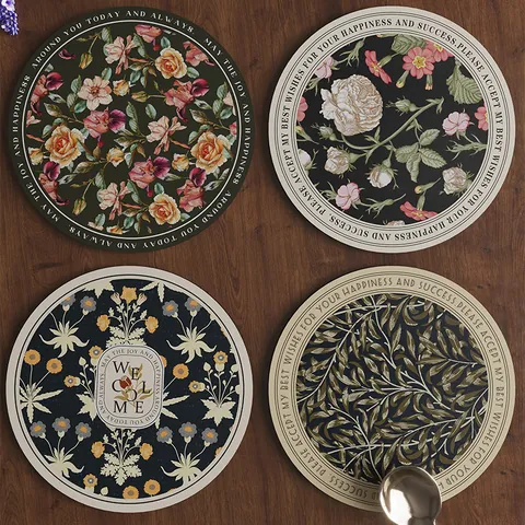 American Retro PVC Leather Placemat Waterproof Oilproof Heat Resistant Vintage Floral Botanical Printed Decorative Table Mat