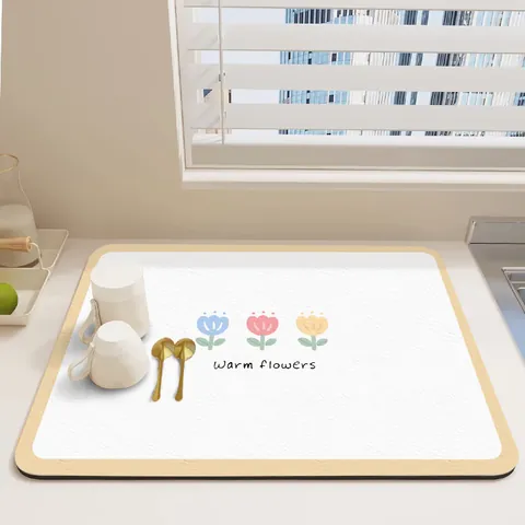 Alfombrilla de Drenaje de Platos Super Absorbente para Mostrador de Cocina Cuero PU Secado Rápido Antideslizante Estampado Floral Sol