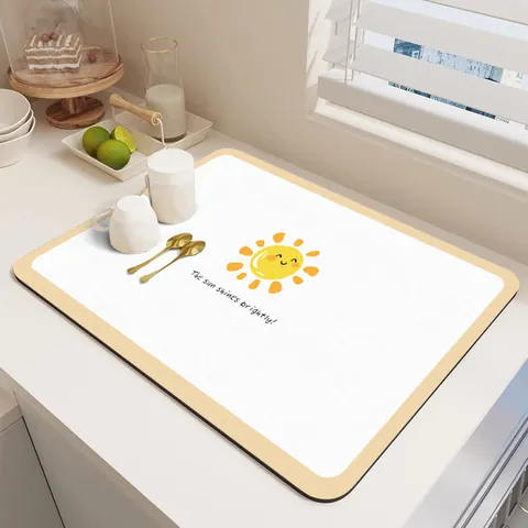 Alfombrilla de Drenaje de Platos Super Absorbente para Mostrador de Cocina Cuero PU Secado Rápido Antideslizante Estampado Floral Sol