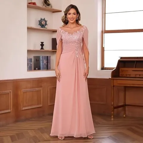 Robe de Soirée Élégante Femmes Polyester Chiffon Maxi Applique en Dentelle Manches Cape Robe de Mariée Bal Banquet