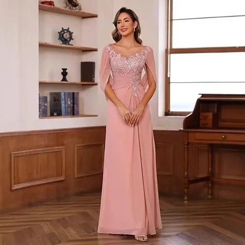 Robe de Soirée Élégante Femmes Polyester Chiffon Maxi Applique en Dentelle Manches Cape Robe de Mariée Bal Banquet