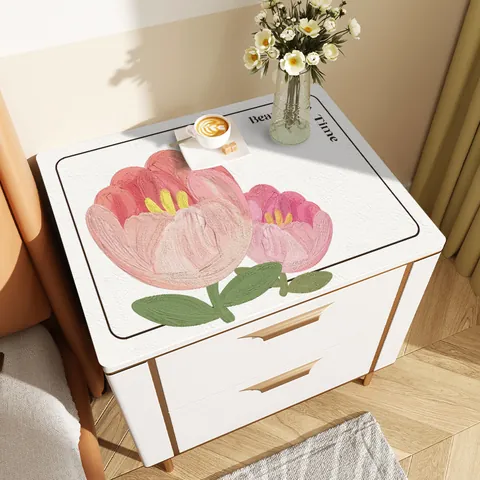 Waterproof PVC Leather Bedside Table Mat Heat Resistant Floral Print Tulip Daisy Washing Machine Top Dust Cover Desk Protector